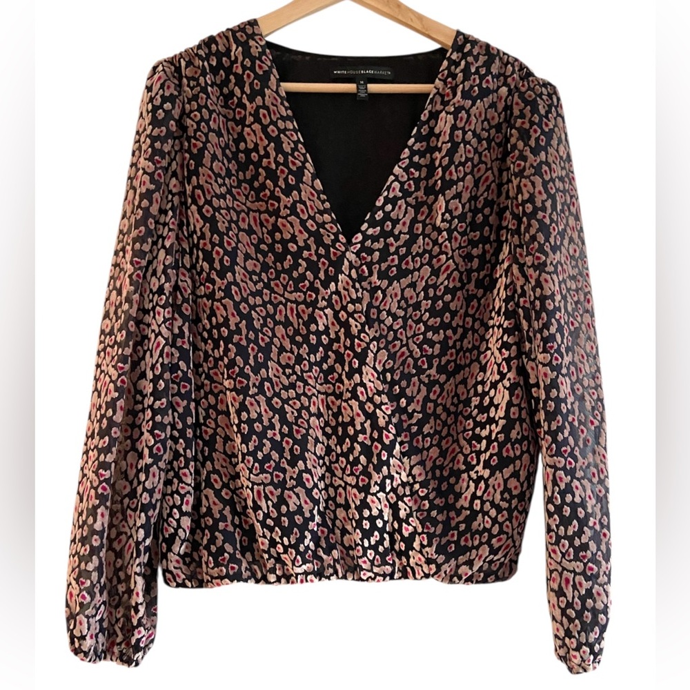 White House Black Market Velvet Burnout Blouse Animal Print Sheer Faux Wrap Sz M